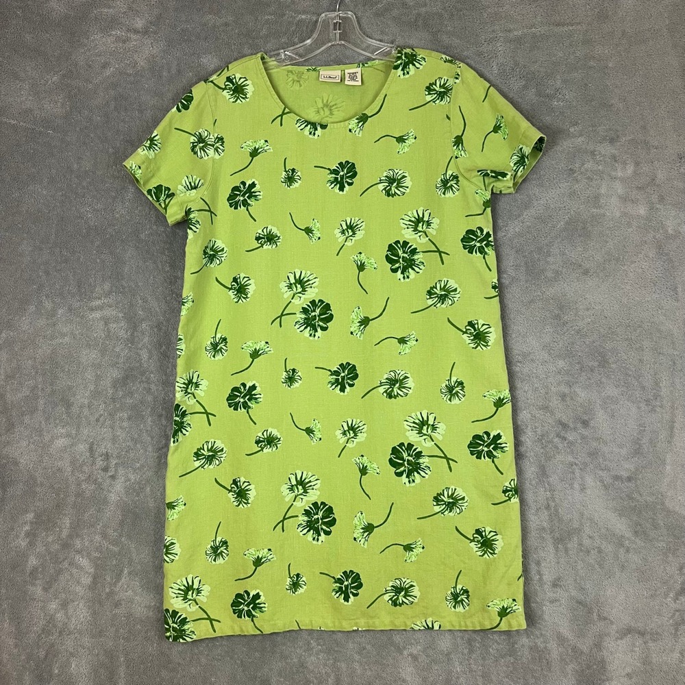 LL Bean Shift Dress Womens 6 Petite 100% Linen Floral Lightweight Casual